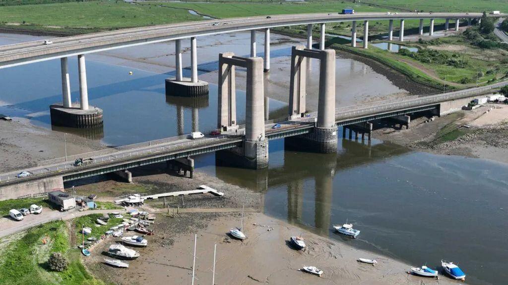 A wide, high shot of the Kingsferry Bridge