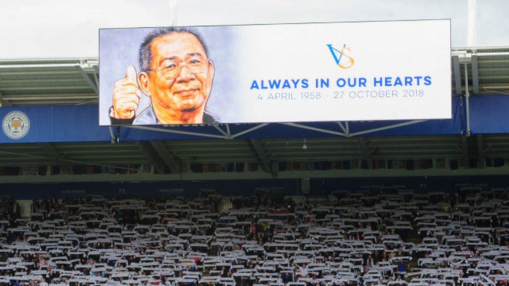 The big screen at Leicester pays tribute to Vichai Srivaddhanaprabha