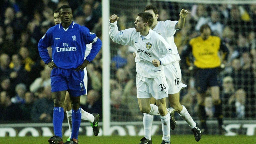 James Milner celebrates after scoring for Leeds against Chelsea, aged 16. December 28, 2002.