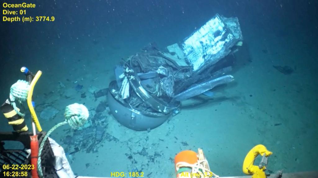 Wreckage of the Titan submersible filmed resting at the bottom of the Atlantic Ocean, 