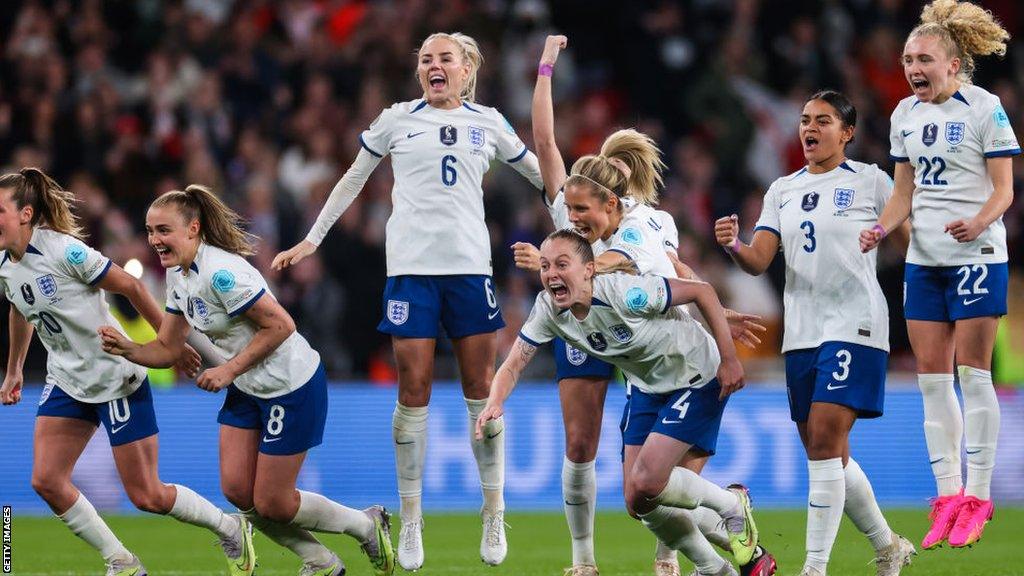 England celebrate penalty shootout win over Brazil