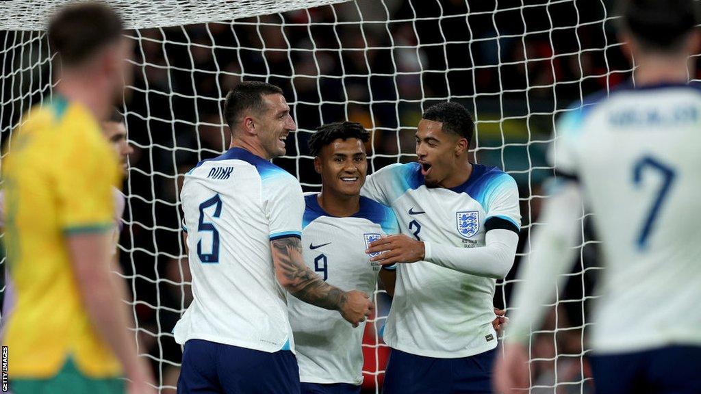 Ollie Watkins celebrates his goal against Australia