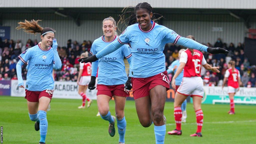 Manchester City's Khadija Shaw celebrates scoring