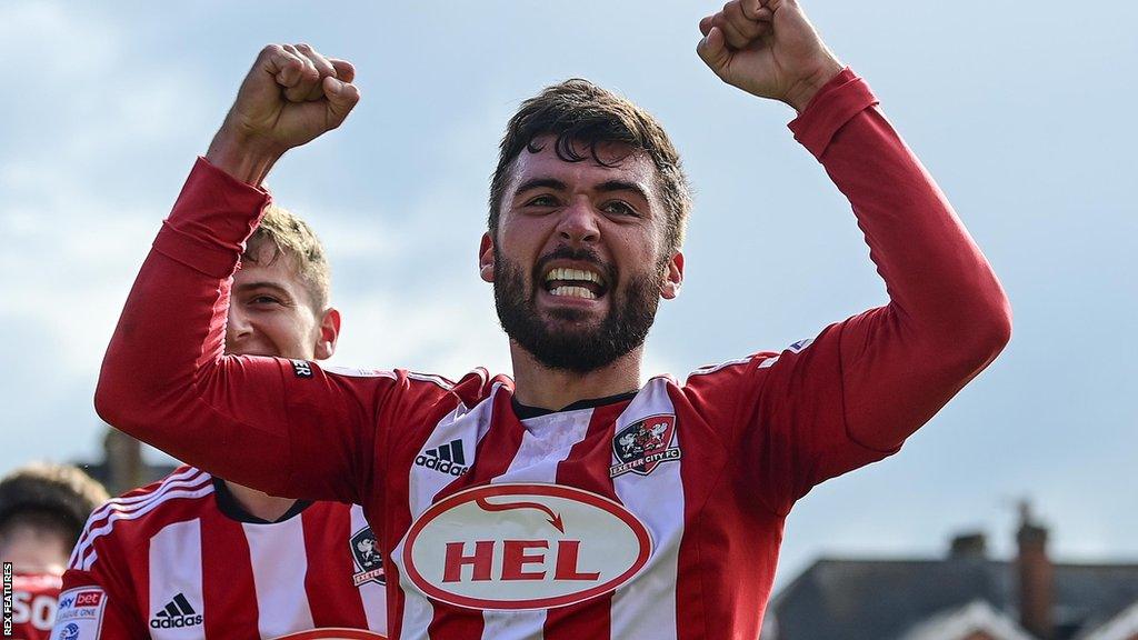 Reece Cole celebrates scoring for Exeter