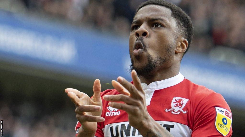 Chuba Akpom performs a gunslinger celebration after scoring for Middlesbrough last season