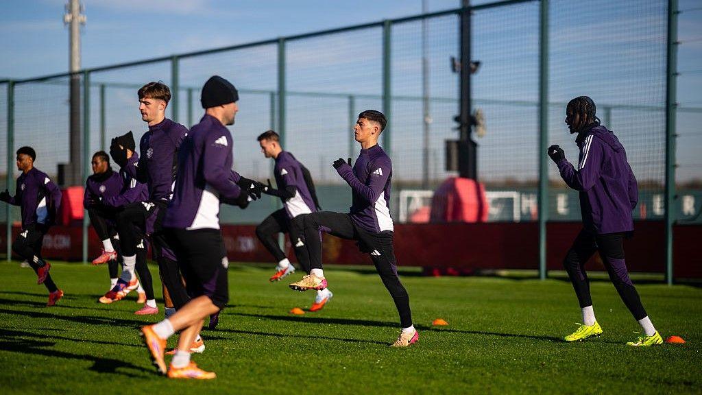 Manchester United forward Shea Lacey with other players during a Manchester United training session