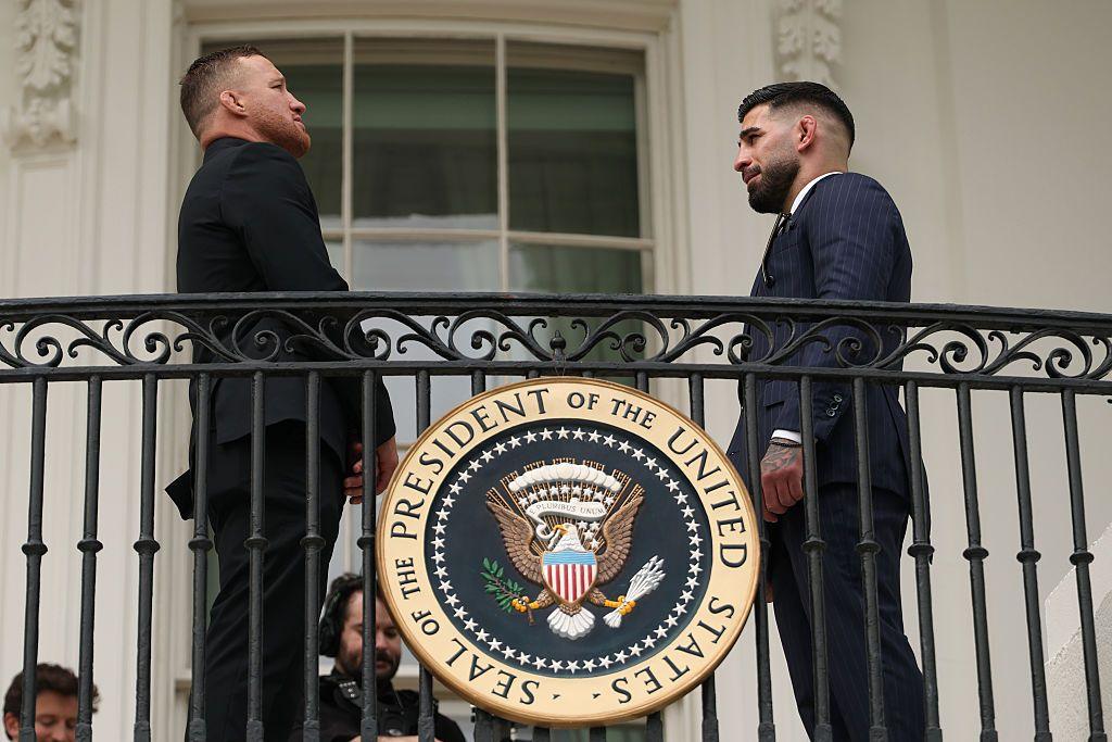 Illia Topuria and Justin Gaethje face off on a White House balcony