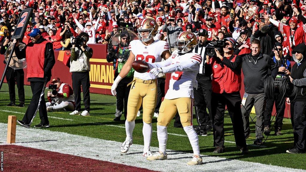 Deebo Samuel celebrates his touchdown for the San Francisco 49ers