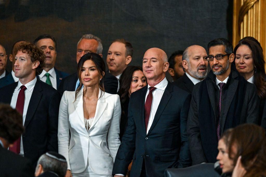 CEO of Meta Mark Zuckerberg, Lauren Sanchez, US businessman Jeff Bezos and CEO of Alphabet Inc and Google Sundar Pichai attend the inauguration ceremony where Donald Trump will sworn in as the 47th US President in the US Capitol Rotunda in Washington, DC, on January 20, 2025