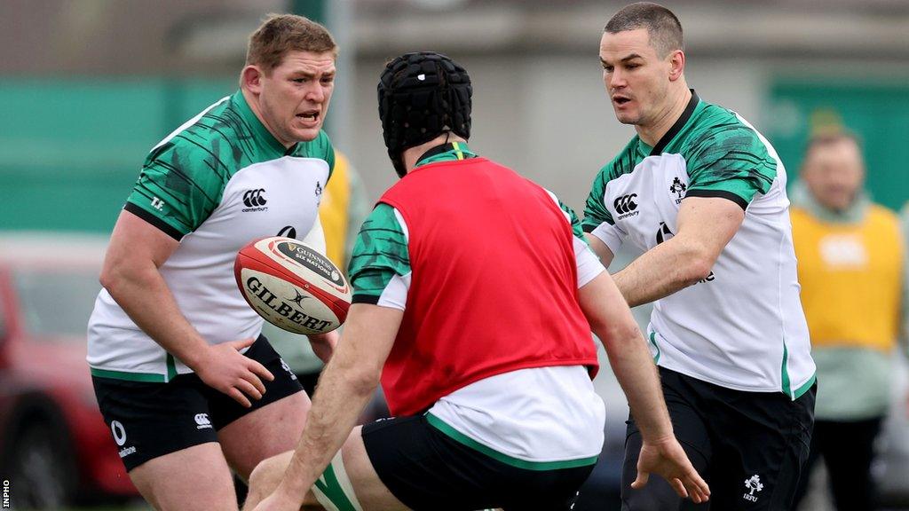 Tadhg Furlong and Johnny Sexton during Ireland training last year