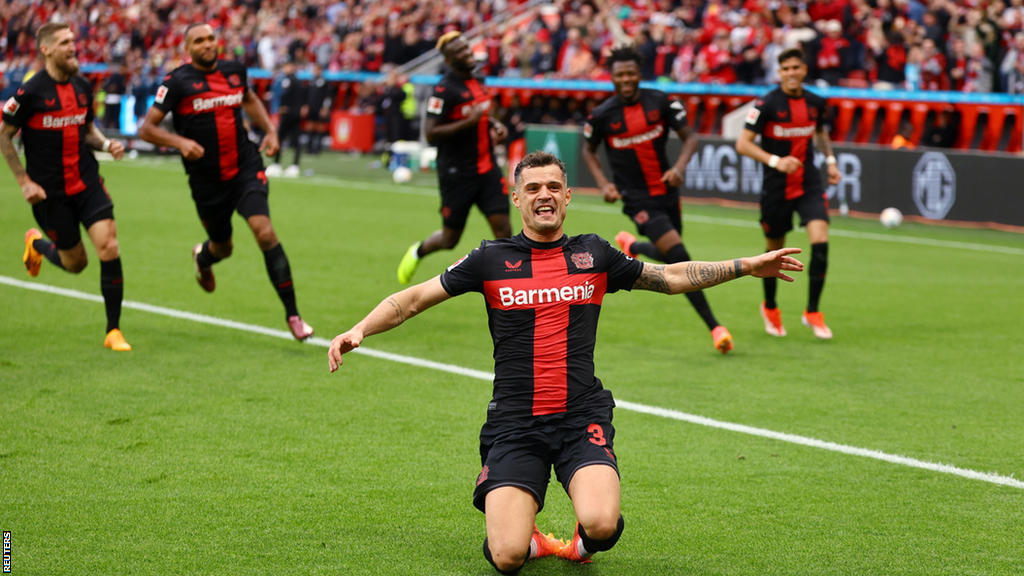 Bayer Leverkusen's Granit Xhaka celebrates scoring against Werder Bremen