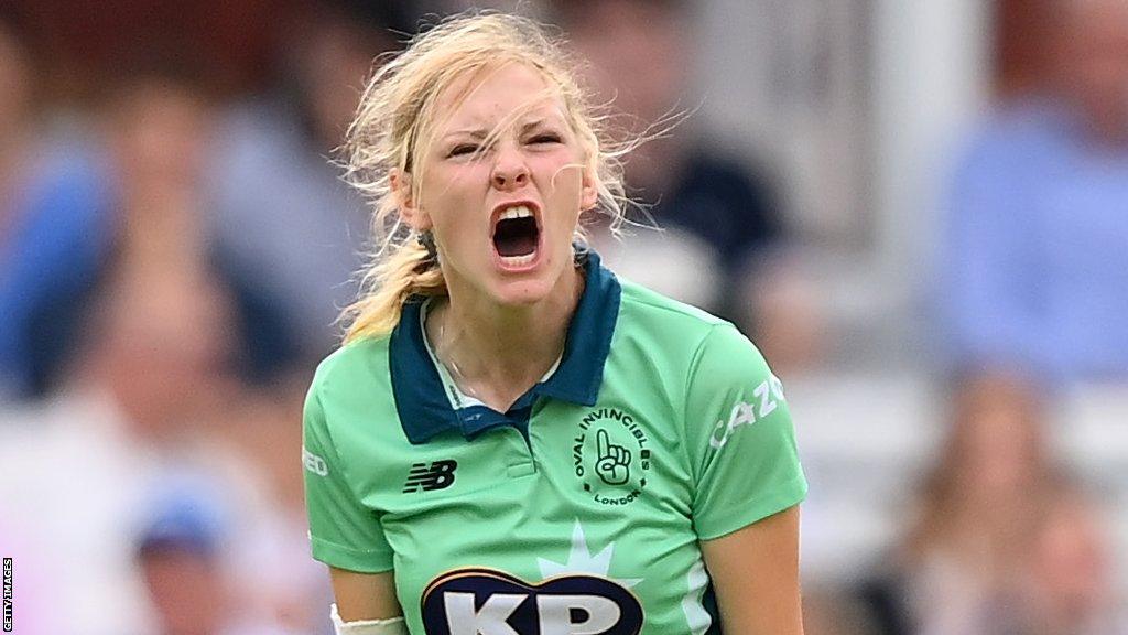 Sophia Smale of Oval Invincibles celebrates taking a wicket