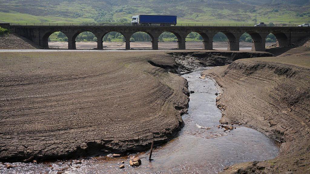 Low water levels at the Woodhead Reservoir in Derbyshire