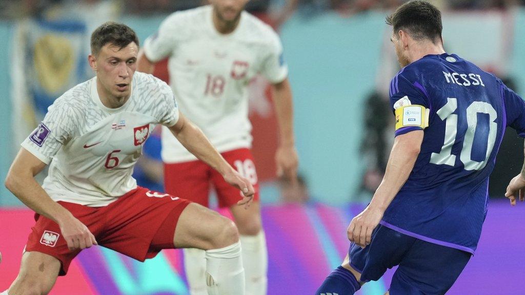 Krystian Bielik in action for Poland and facing off against Lionel Messi