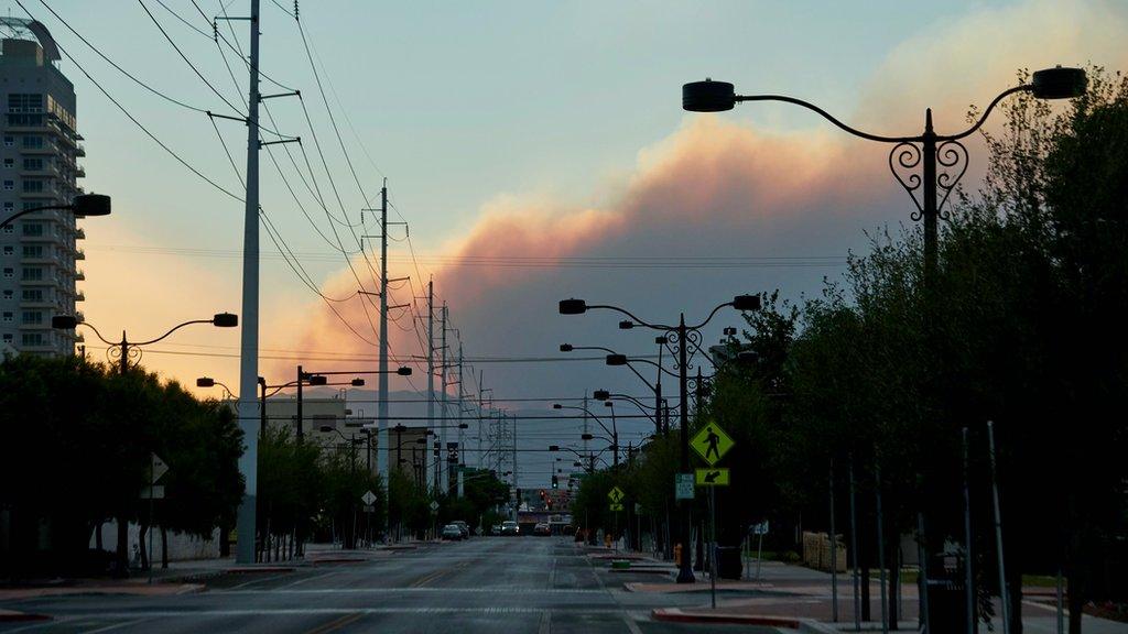 Fire in Mount Charleston as seen from downtown Las Vegas