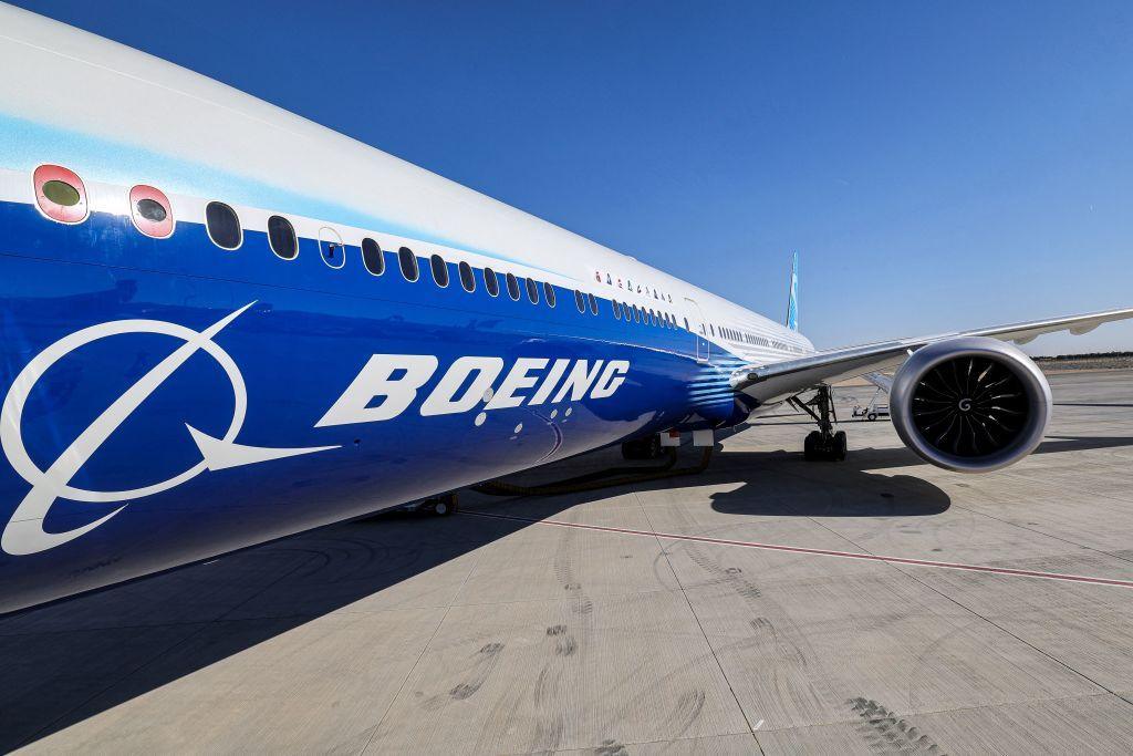 A 2023 shot of the fuselage and one of the engines of a Boeing 777-9 jetliner aircraft on the tarmac during the 2023 Dubai Airshow at Dubai World Central - Al-Maktoum International Airport in Dubai. 