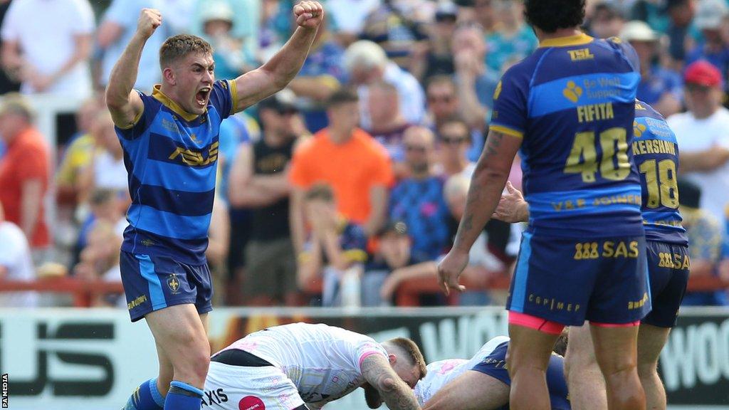 Sam Hewitt celebrates Wakefield's first win of the Super League season, against Leeds Rhinos