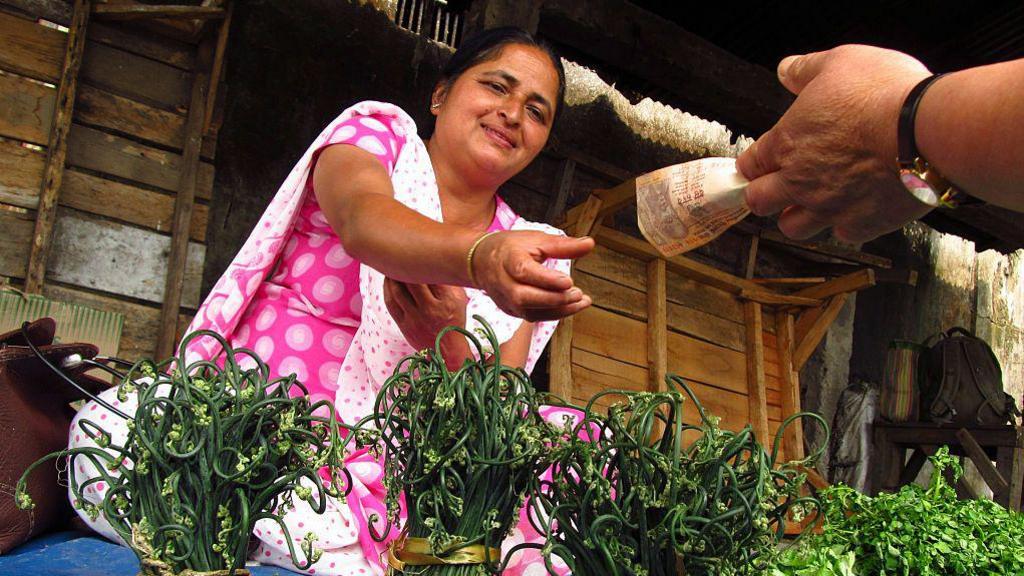 Darjeeling, india. Saleswoman accepting money for the sale of fresh herbs in her market stall. April 2012 