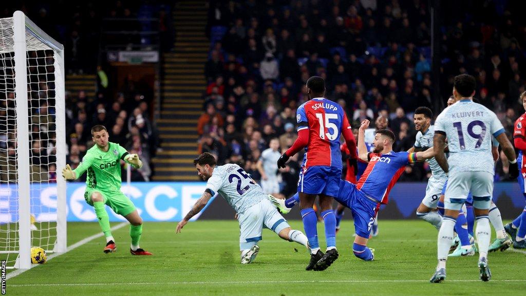 Marcos Senesi of AFC Bournemouth scores his team's first goal during the Premier League match between Crystal Palace and AFC Bournemouth at Selhurst Park on December 06, 2023 in London, England.