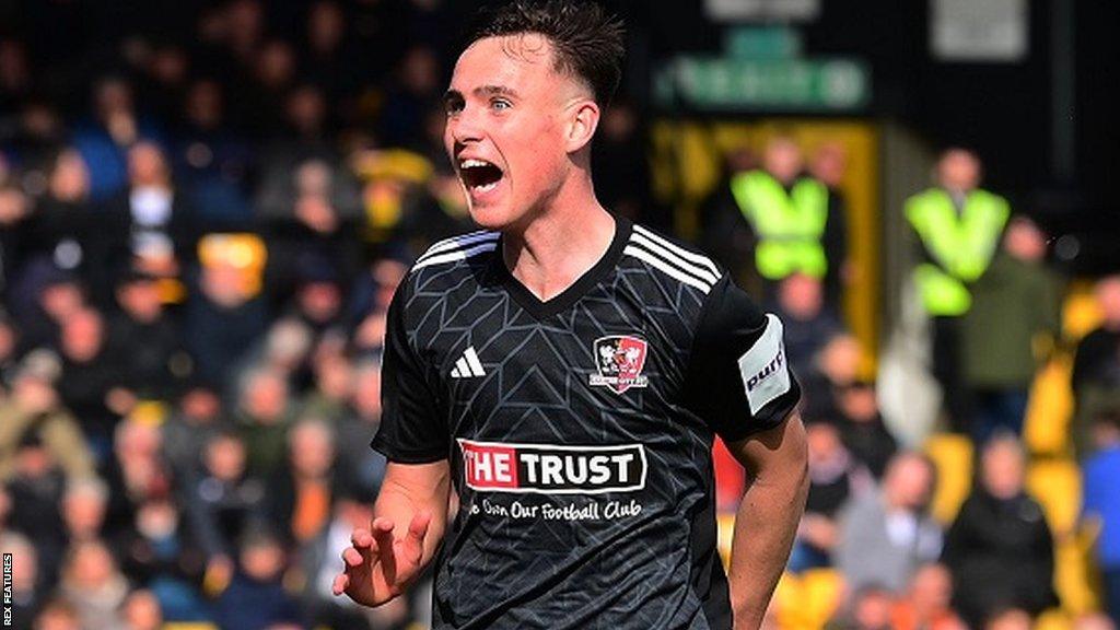 Wales Under-21 player Luke Harris celebrates scoring in Exeter's 4-2 win at Port Vale on Saturday