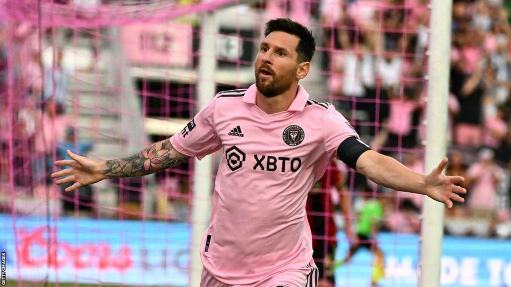 Lionel Messi celebrates after opening the scoring for Inter Miami against Atlanta United.