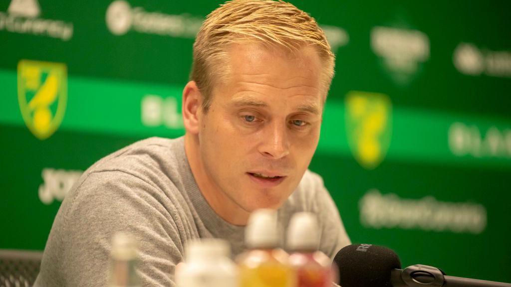 Norwich City head coach Johannes Hoff Thorup takes part in a press conference