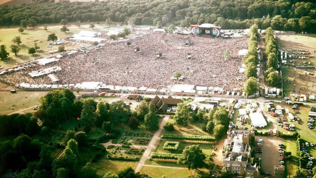 A helicopter shot of the huge crowd at Knebworth House in 1996