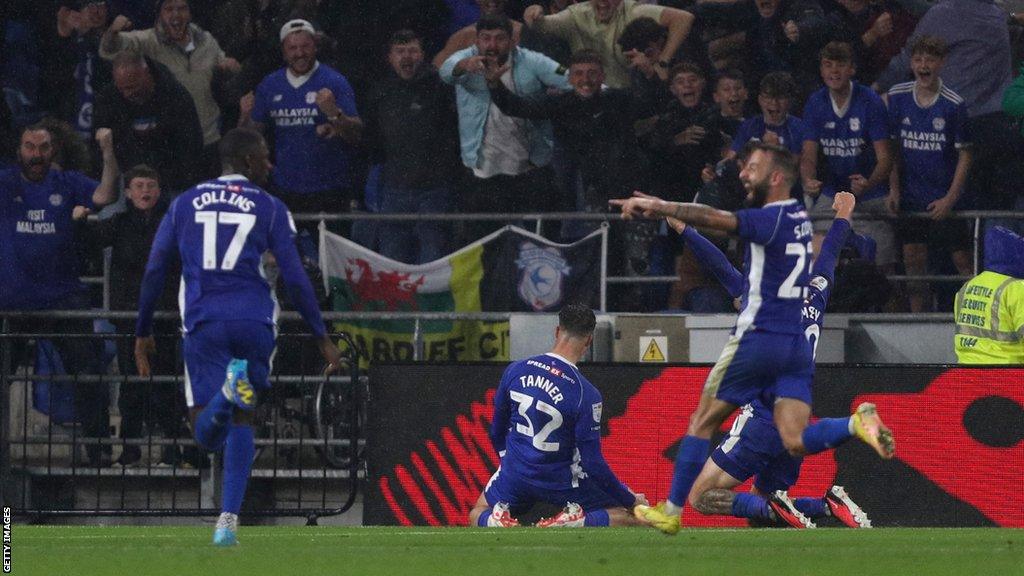 Cardiff City's Ollie Tanner celebrates scoring against Swansea City