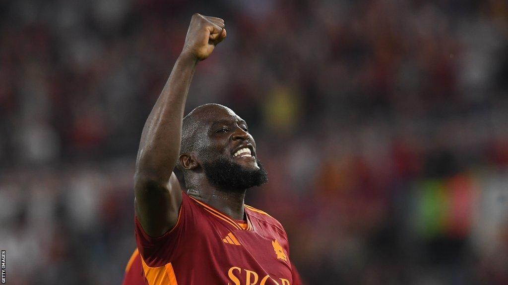 Romelu Lukaku celebrates after scoring his first goal for Roma