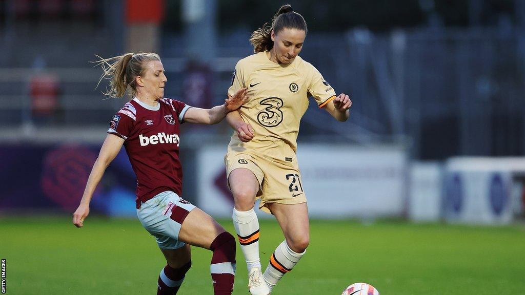 West Ham's Kate Longhurst tackles Chelsea's Niamh Charles during a WSL match