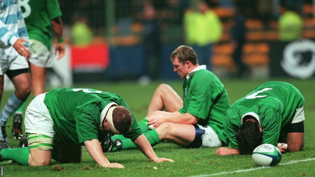 Ireland's David Wallace, Eric Miller and Kieran Dawson show their devastation after the World Cup quarter-finals play-off defeat by Argentina in 1999