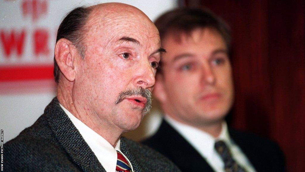 Wales coach Alec Evans at the 1995 World Cup squad announcement with Mike Hall in the background