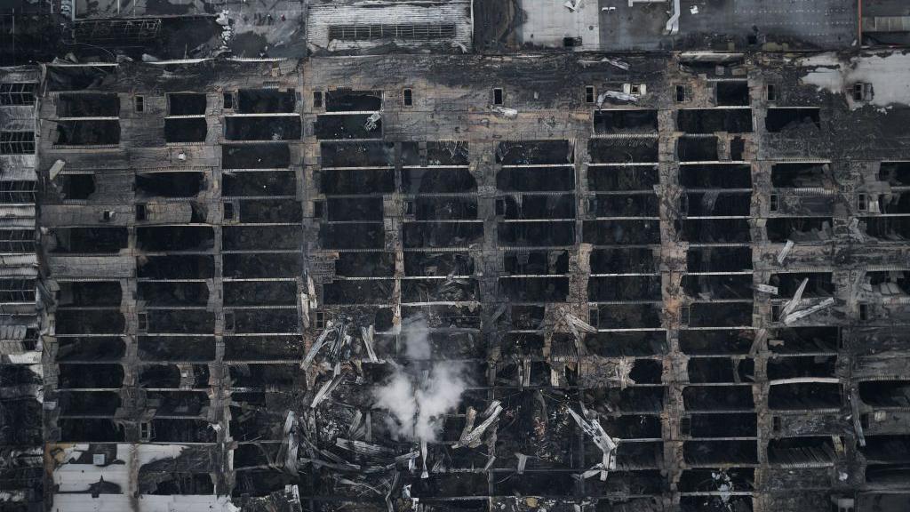 Aerial view of a destroyed DIY hypermarket in Kharkiv on 26 May, 2024