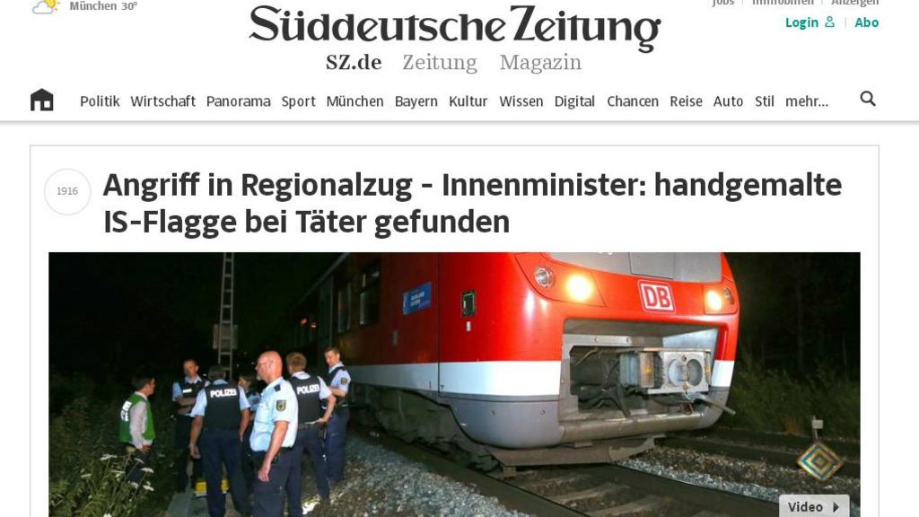 The front page of the website of German newspaper Sueddeutsche Zeitung covers the axe attack in a train in Wuerzburg.