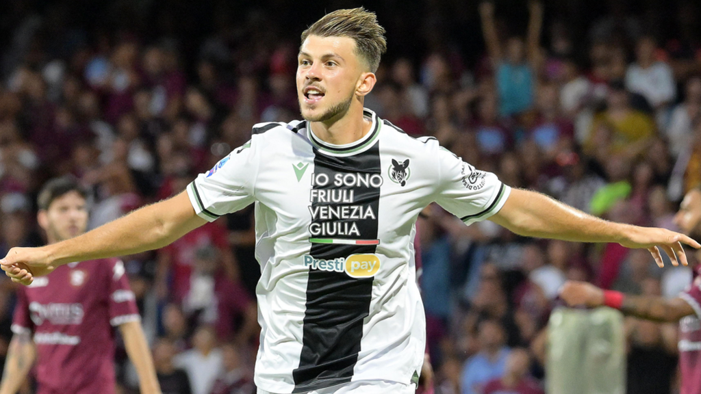 Lazar Samardzic celebrates scoring for his club Udinese away to Salernitana in Serie A in August 2023