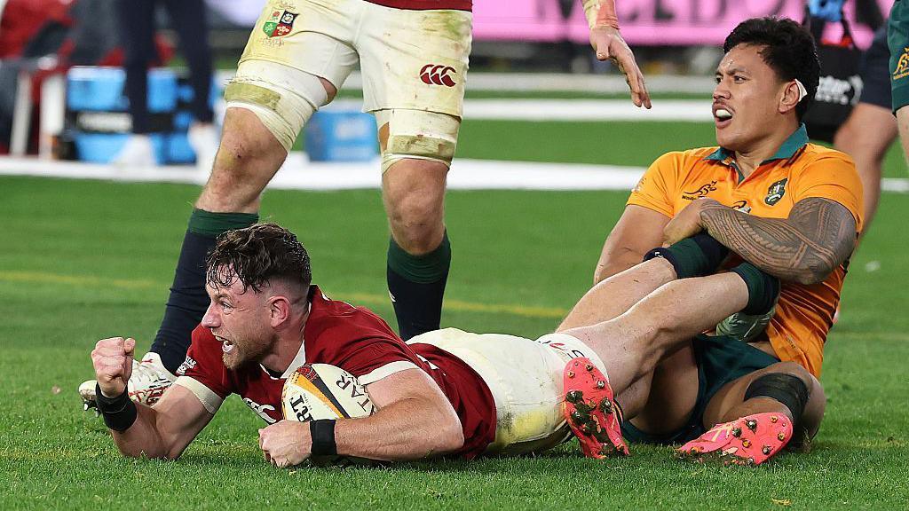 Hugo Keenan scores the winning try for the British and Irish Lions in the second Test against Australia last year