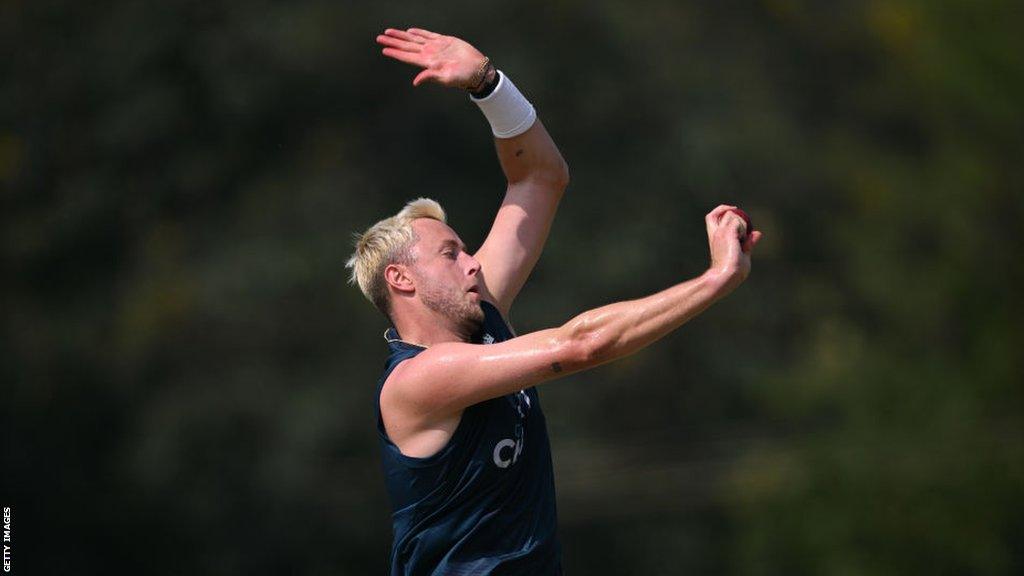 England seamer Ollie Robinson bowls in the nets