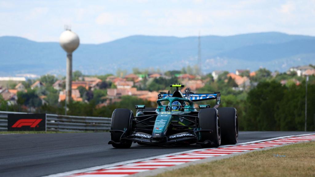 Fernando Alonso driving his upgraded Aston Martin during Hungarian Grand Prix first practice