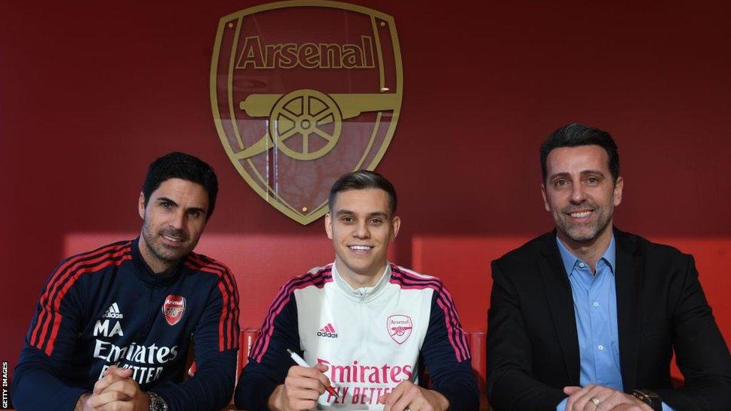 Leandro Trossard signs for Arsenal with manager Mikel Arteta and Sporting Director Edu