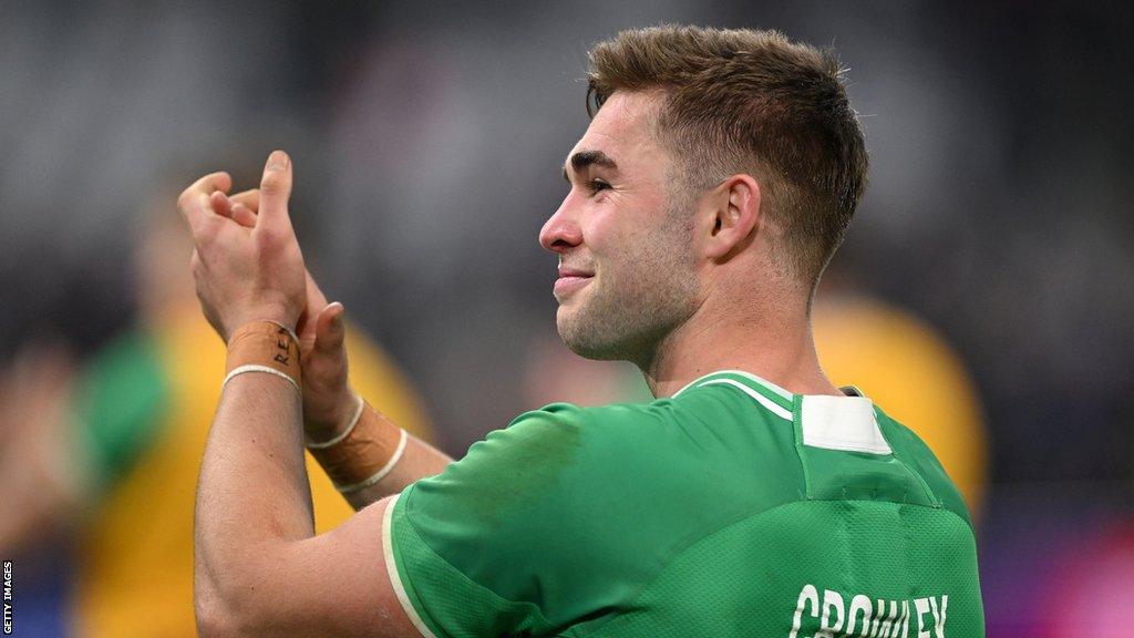 Jack Crowley applauds the Irish fans at full-time