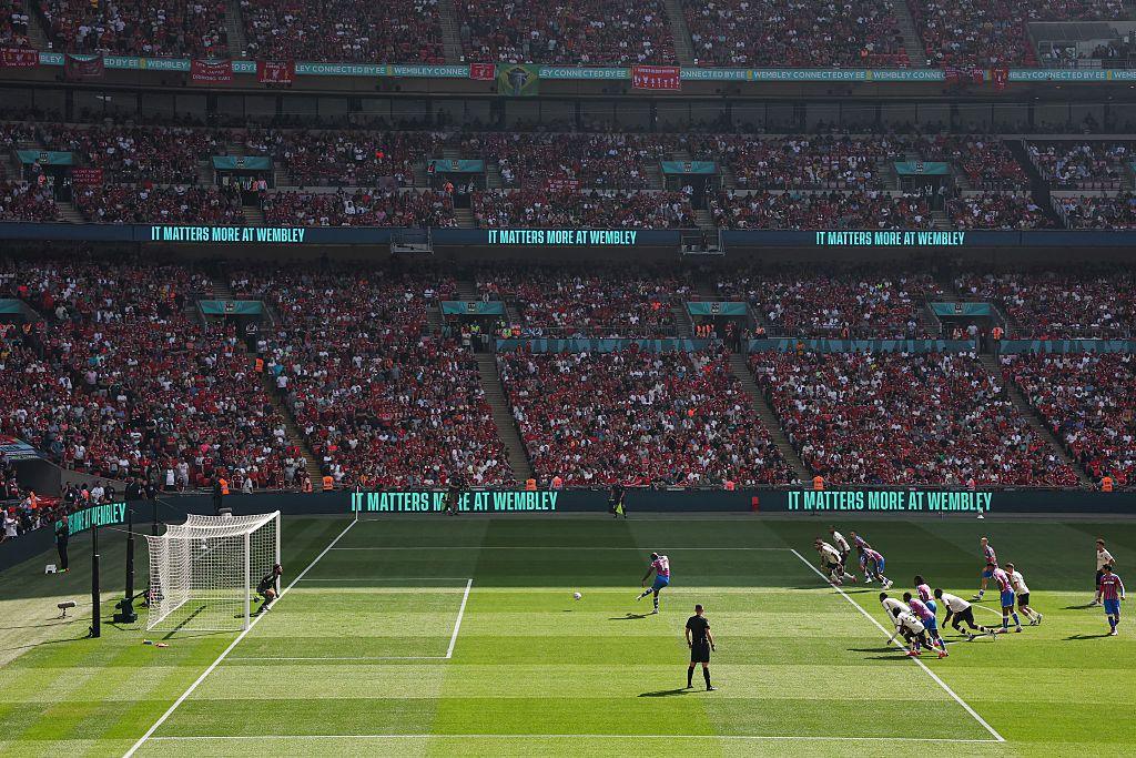 Crystal Palace's Jean-Philippe Mateta scores his team's first goal from the penalty spot past Liverpool's Alisson Becker during the Community Shield match between Crystal Palace and Liverpool at Wembley Stadium. Photo by Alex Pantling