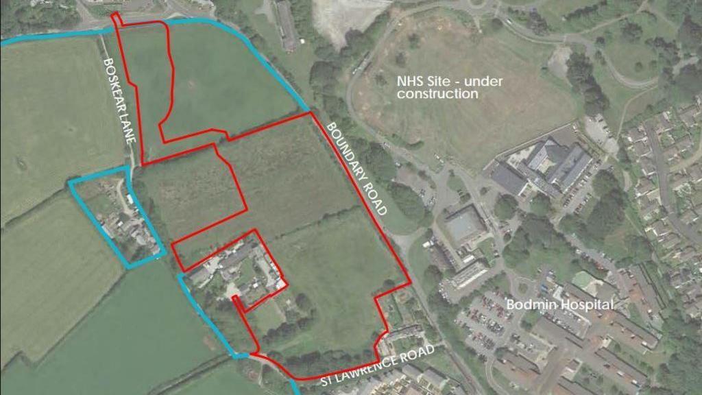 Map of where the Wain Homes developments will be built. The red line around the field next to St Lawrence road, Boundary Road and Boskear lane is the land that will be used.