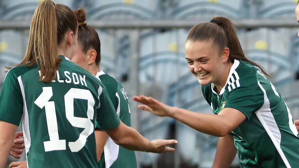 A smiling Kerry Beattie celebrates putting Northern Ireland 2-0 in front in Opava