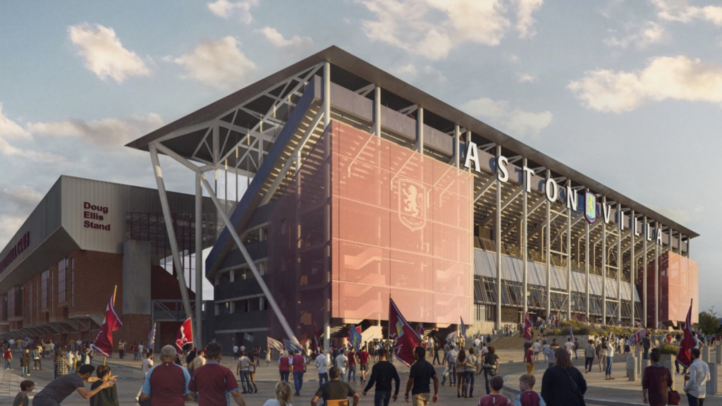 A CGI image of the rear of the North Stand with a Aston Villa sign on the top of the structure