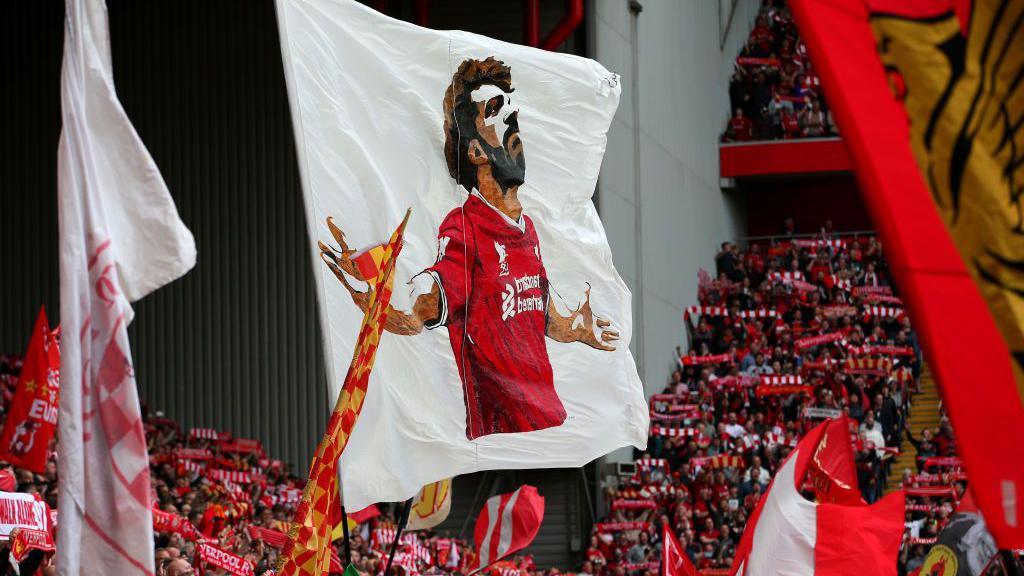 A Mohamed Salah flag in the Kop at Anfield