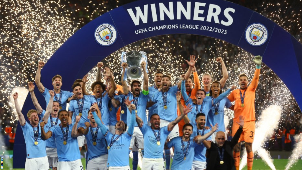 Manchester City celebrate winning the Champions League last season