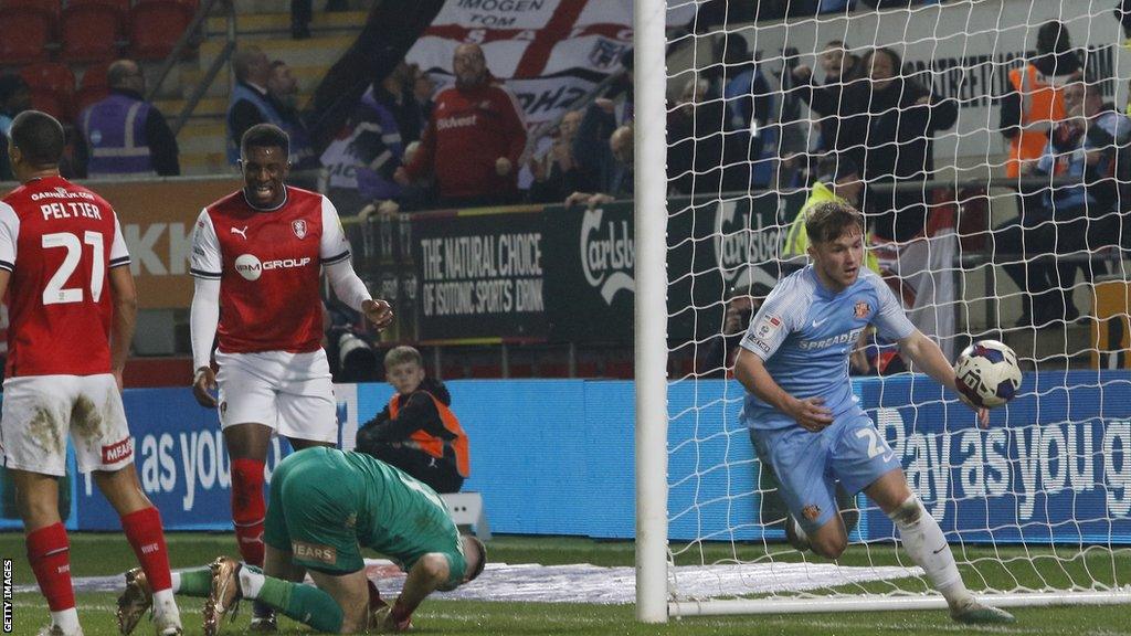 Joe Gelhardt wheels away after scoring for Sunderland