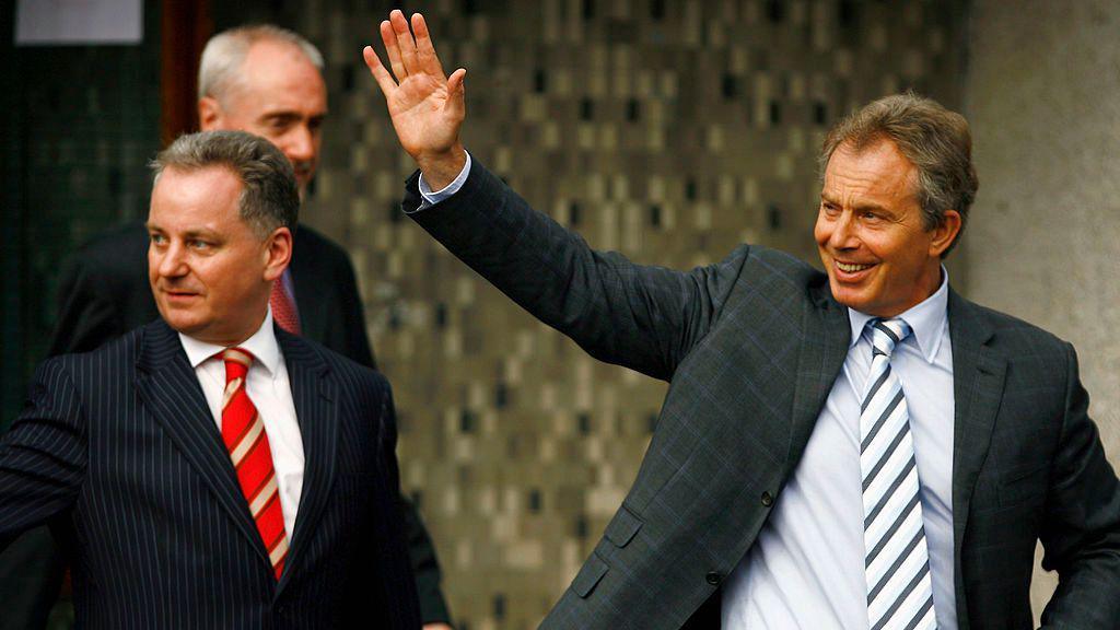 Prime Minister Tony Blair (R) and First Minister Jack McConnell visit Johnston Castle Community Centre during campaigning for the Holyrood election on April 13, 2007 in Glasgow, Scotland. 