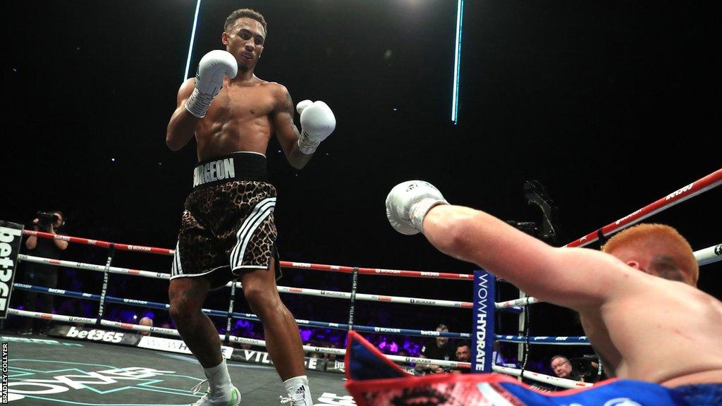 Ben Whittaker stands over floored opponent Jordan Grant