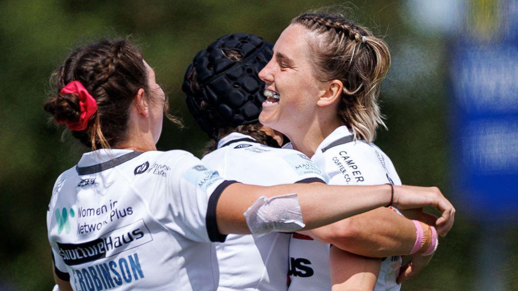  Exeter Chiefs' Claudia Moloney-MacDonald celebrates scoring during the Premiership Women's Rugby match between Bristol Bears Women and Exeter Chiefs women at Shaftesbury Park